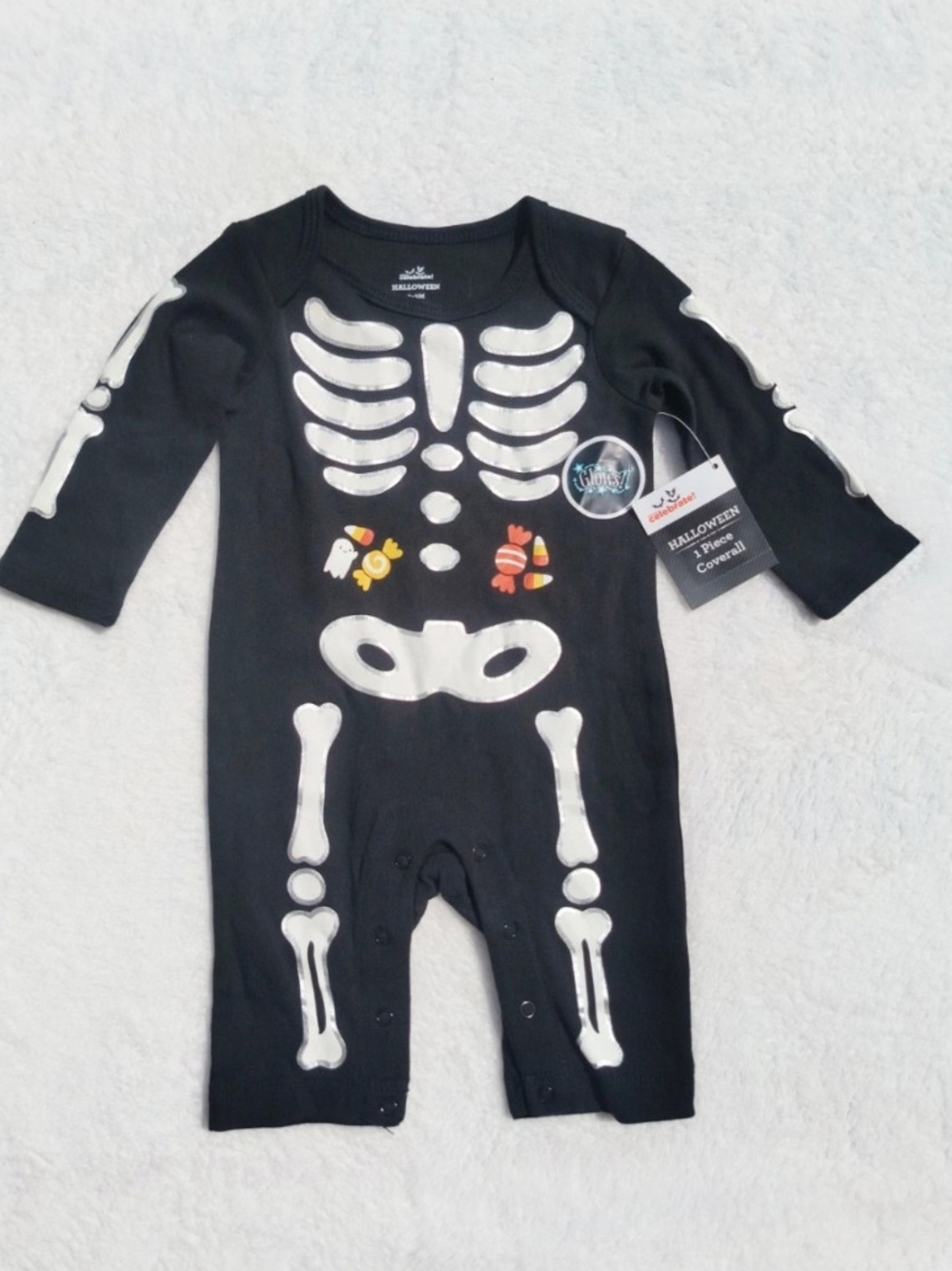 Way to Celebrate Baby Skeleton Glow in Dark Halloween Coverall 0 to 3 M  NWT.